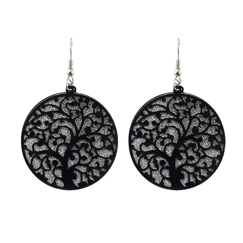 

Metal Circle Hollow-out Tree Dangle Earrings, Black