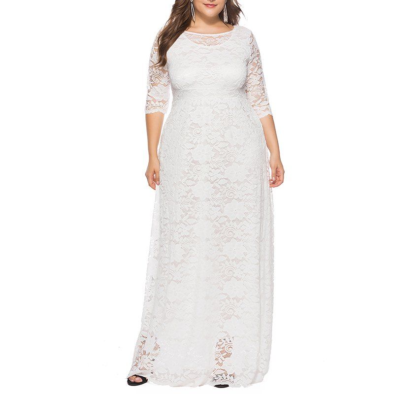 

Hollow Out 1/2 Length Sleeve Lace Pocket Party Dress, White