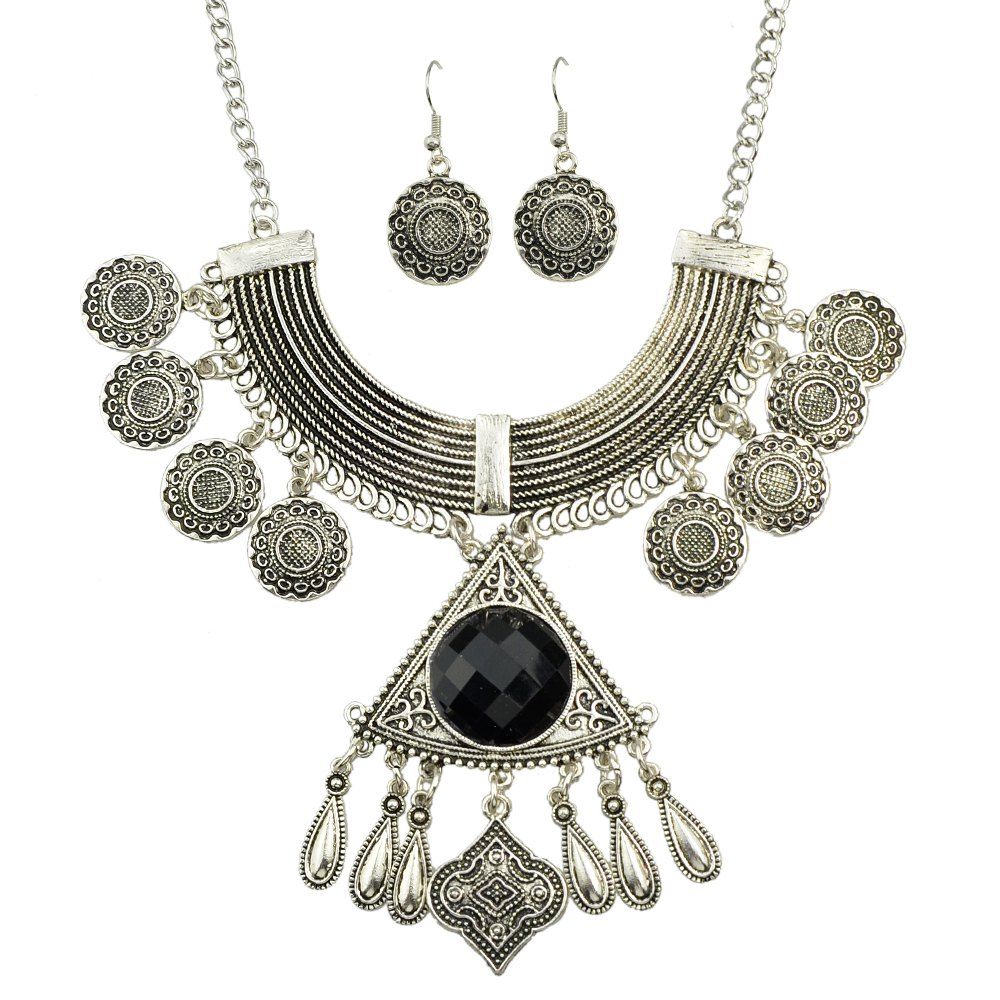 

Big Colorful Stone Geometric Pendant Necklace and Drop Earrings, Multi-a