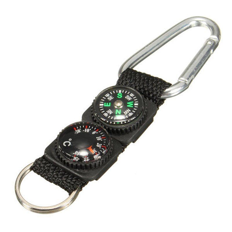

3 in 1 Survival Keychain Ring Camping Buckle Compass Thermometer Multifunctional, Black