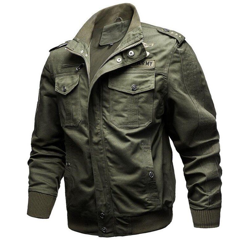 

Plus Size Men's Epaulette Design Stand Collar Casual Army Military Jacket, Army green