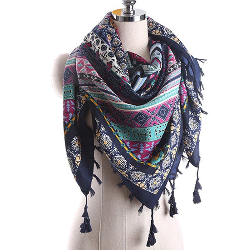 

Spring and Summer Cotton and Linen Ethnic Style Sun Protection Scarf Shawl, Lapis blue
