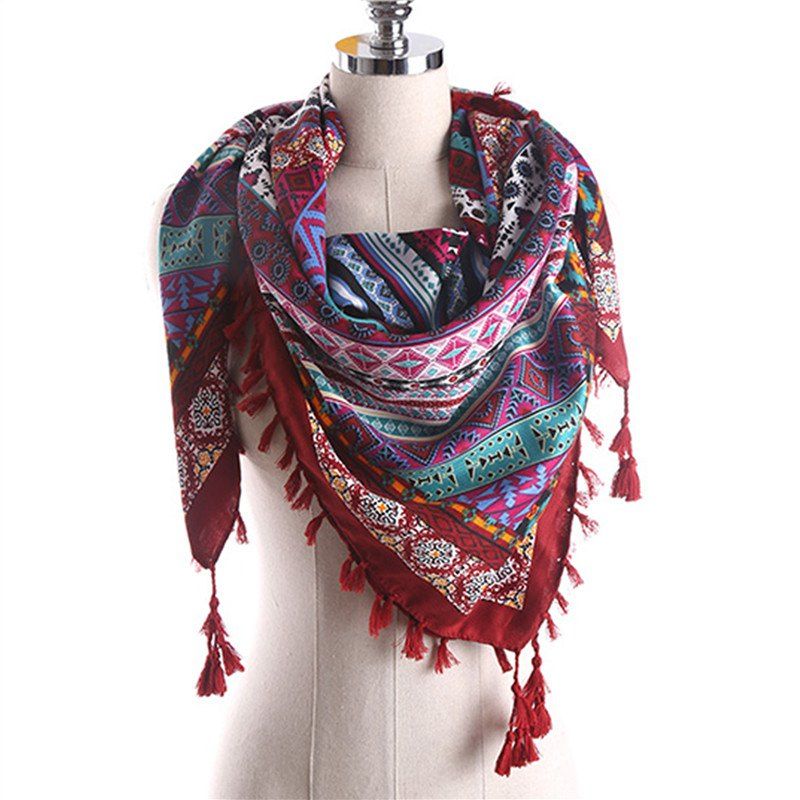 

Spring and Summer Cotton and Linen Ethnic Style Sun Protection Scarf Shawl, Red wine