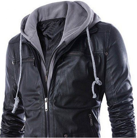 

Men's Hooded Leather Casual Motorcycle Jacket, Black