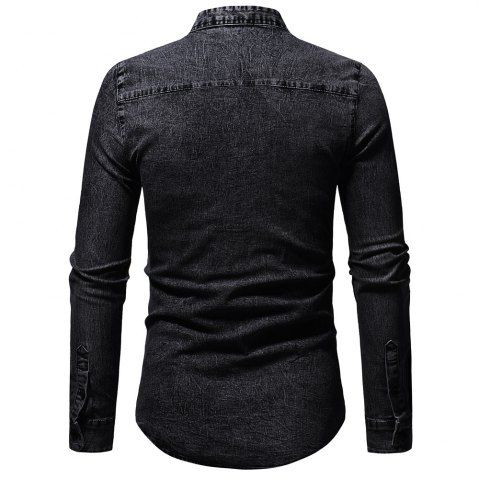 

Personality Small Stand Collar Men's Casual Slim Long Sleeve Washed Shirt, Black
