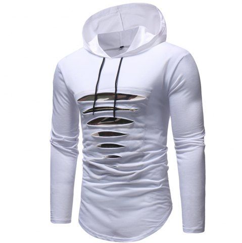 

Men's Fashion Hole Zipper Stitching Hooded Casual Long-sleeved Slim T-shirt, White
