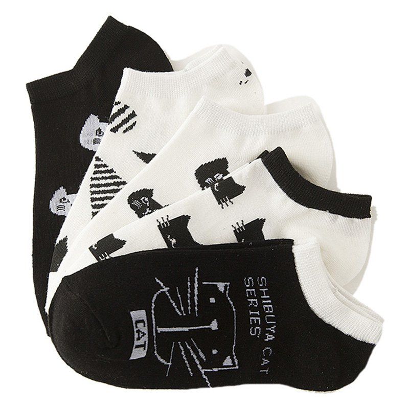 

Black and White Cat Cotton Socks 5 Pair, Multi