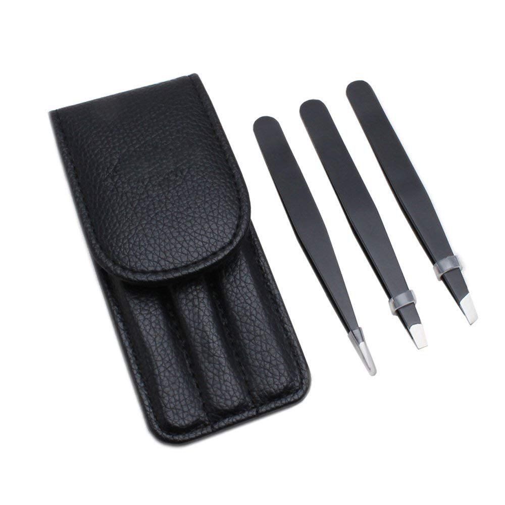 

Stainless Steel 3PCS Eyebrow Tweezers Kit with Leather Case, Black