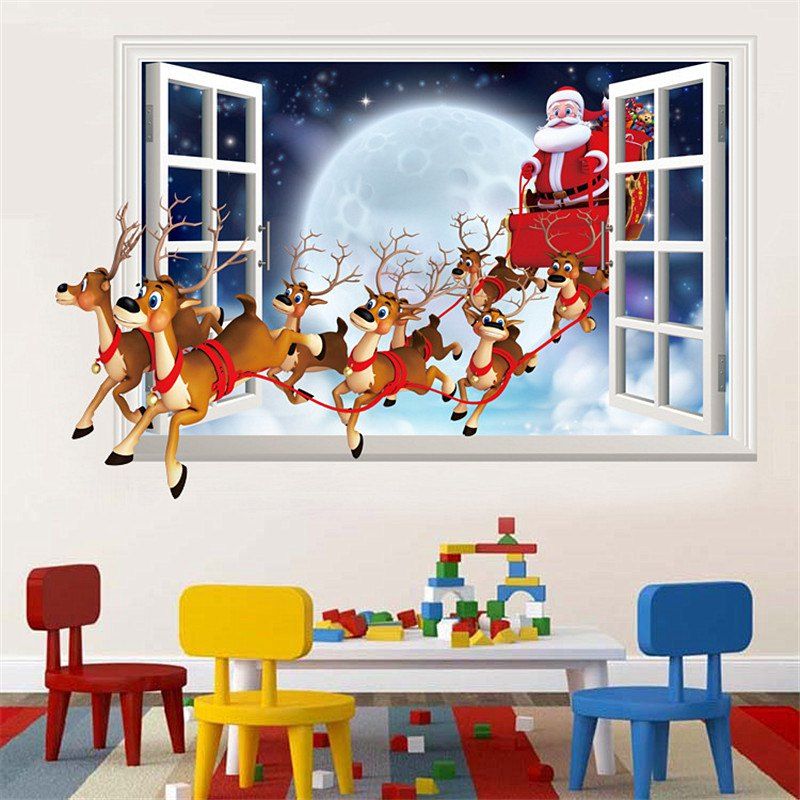 

Santa Claus Sleigh Deer 3D Wall Stickers, Multi