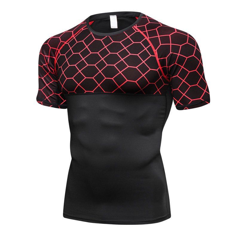 

Men's Fitness Print Stitching Sports Running Perspiration High Elastic T-Shirt, Red