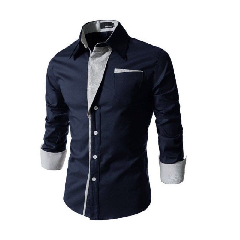 

British Slim Contrast Men's Long Sleeve Lapel Shirt, Deep blue