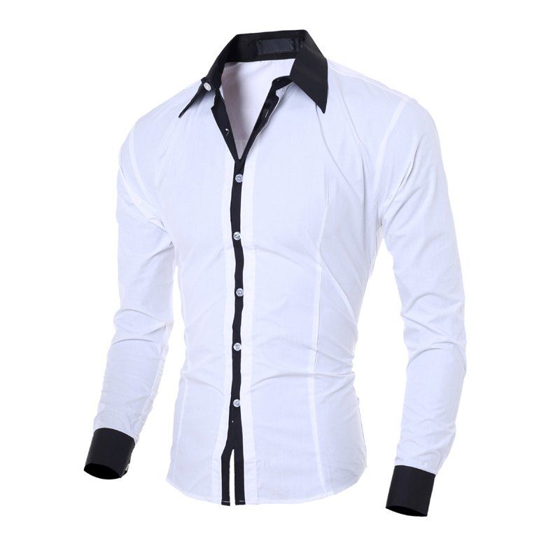 

Leisure Collision Color Collar Men Cultivating Long-sleeved Shirt, White