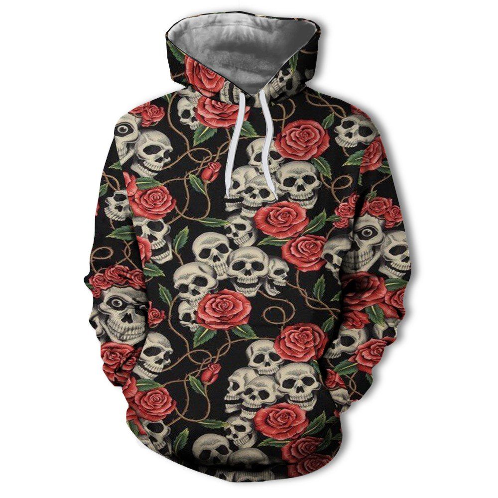 

Men's New Fashion Personality 3D Rose Skull Print Hoodie Sweater, Multi-a