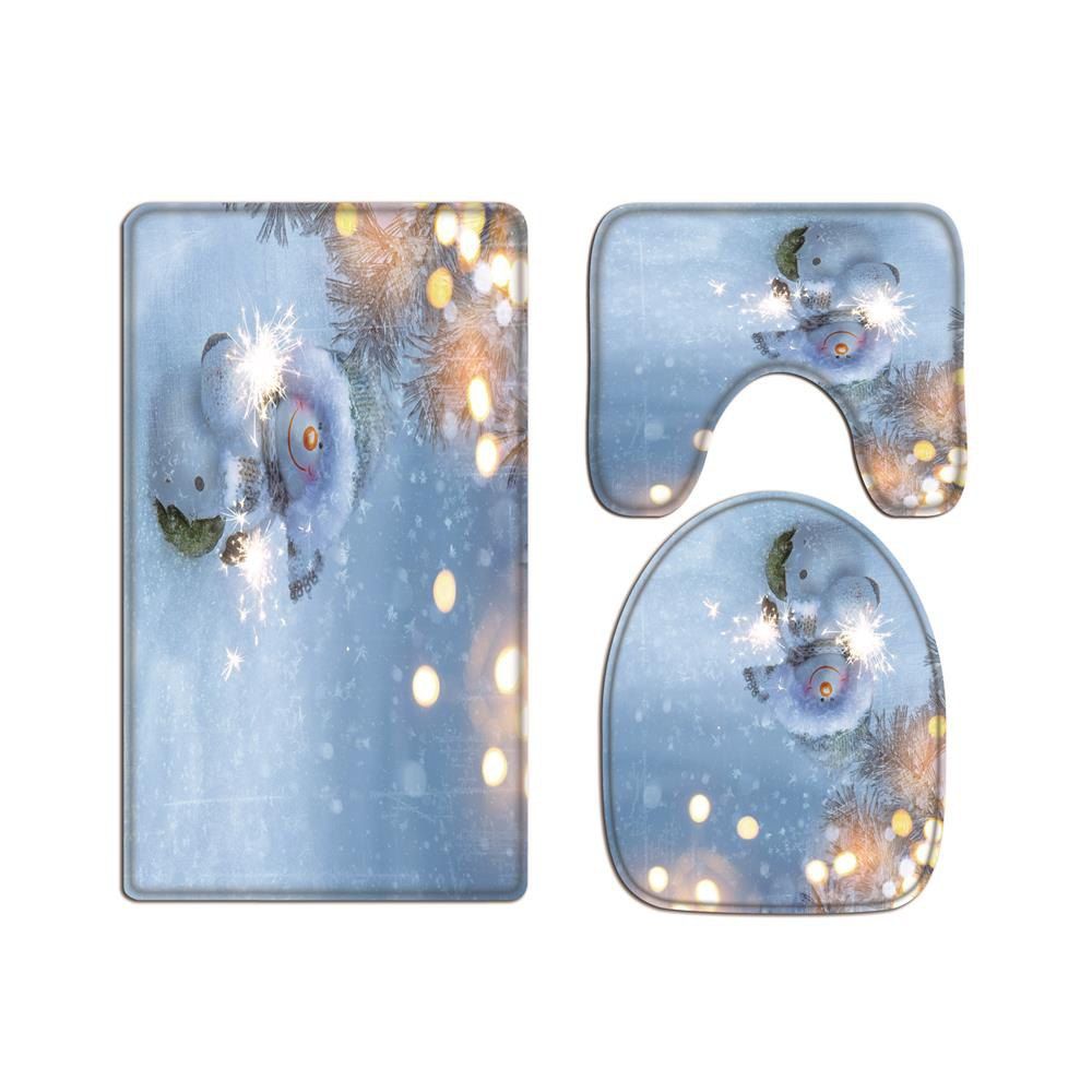 

Fireworks Snowman Flannel Printing Water-Absorbing Non-Slip Toilet Three-Piece, Multi