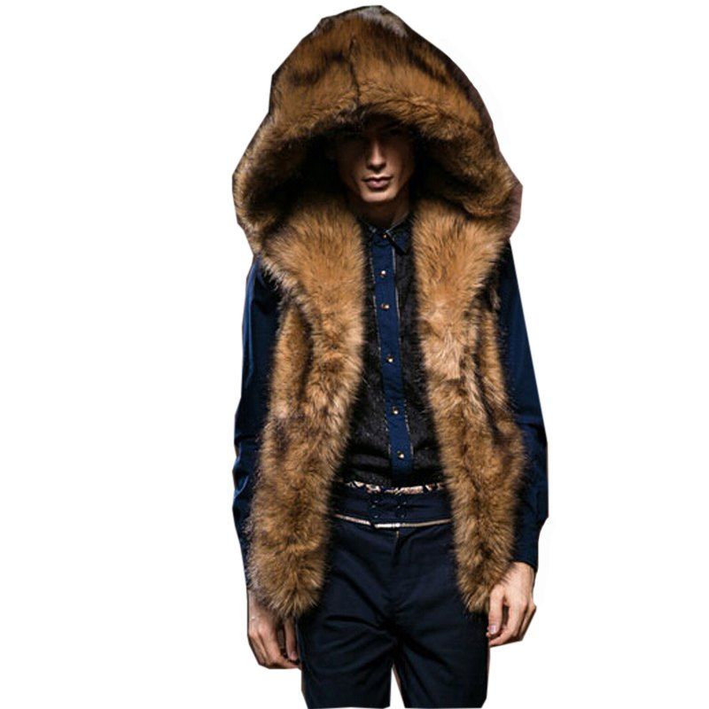 

Men's Plus Size Street Chic Fur Coat Solid Hooded Sleeveless Winter Brow Faux, Orange salmon