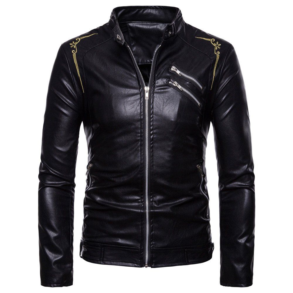Youth Men S Personality Collar Embroidery Leather Jacket