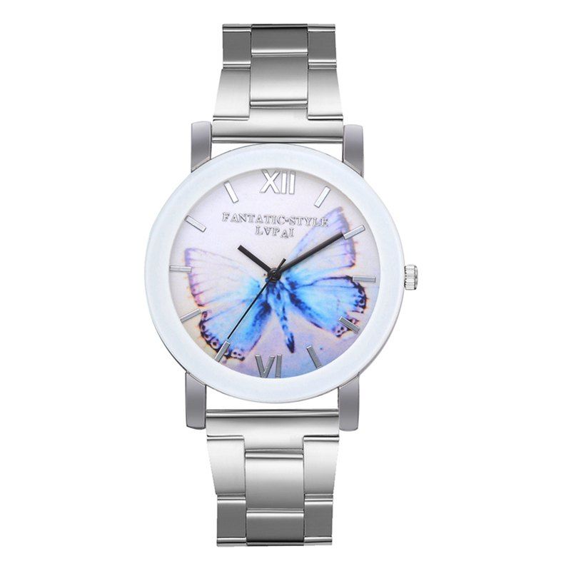 

P689 Ladies Blue Large Butterfly Mirror Quartz Watch, Silver