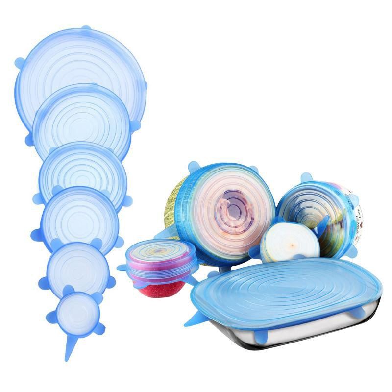 

6PCS Food Wraps Reusable Silicone Fresh Keeping Sealed Covers, Crystal blue