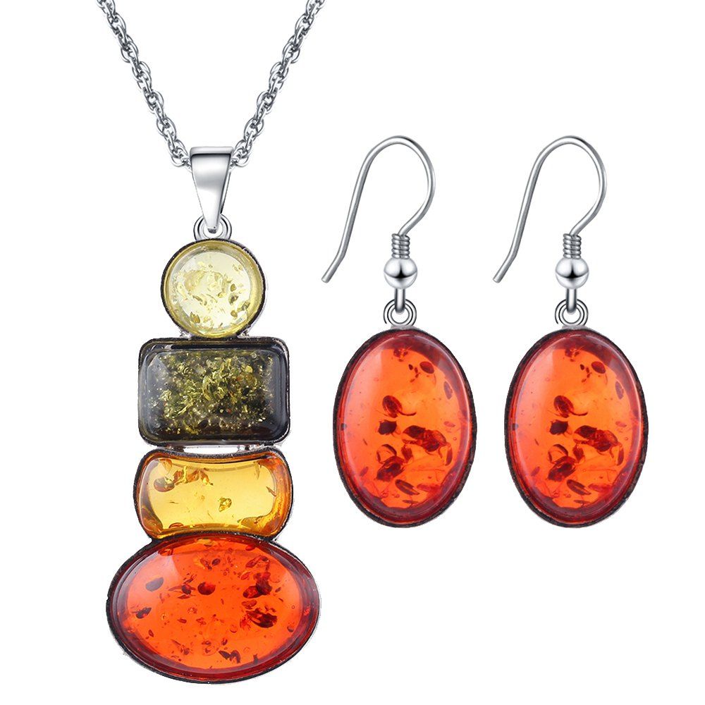 

Insect Amber Necklace Earrings Suit, Silver