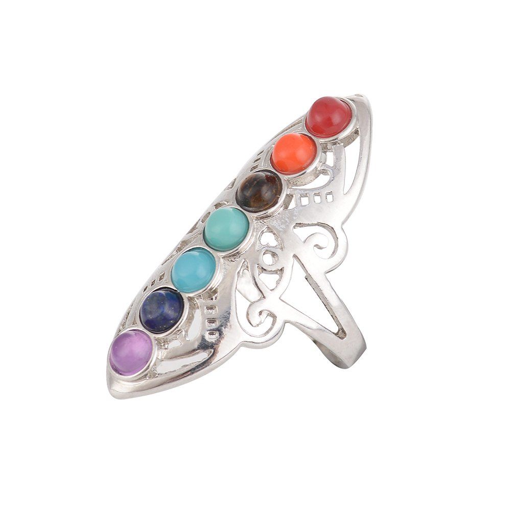 

New Yoga Colorful Natural Stone Personal Energy Stone Ring, Silver