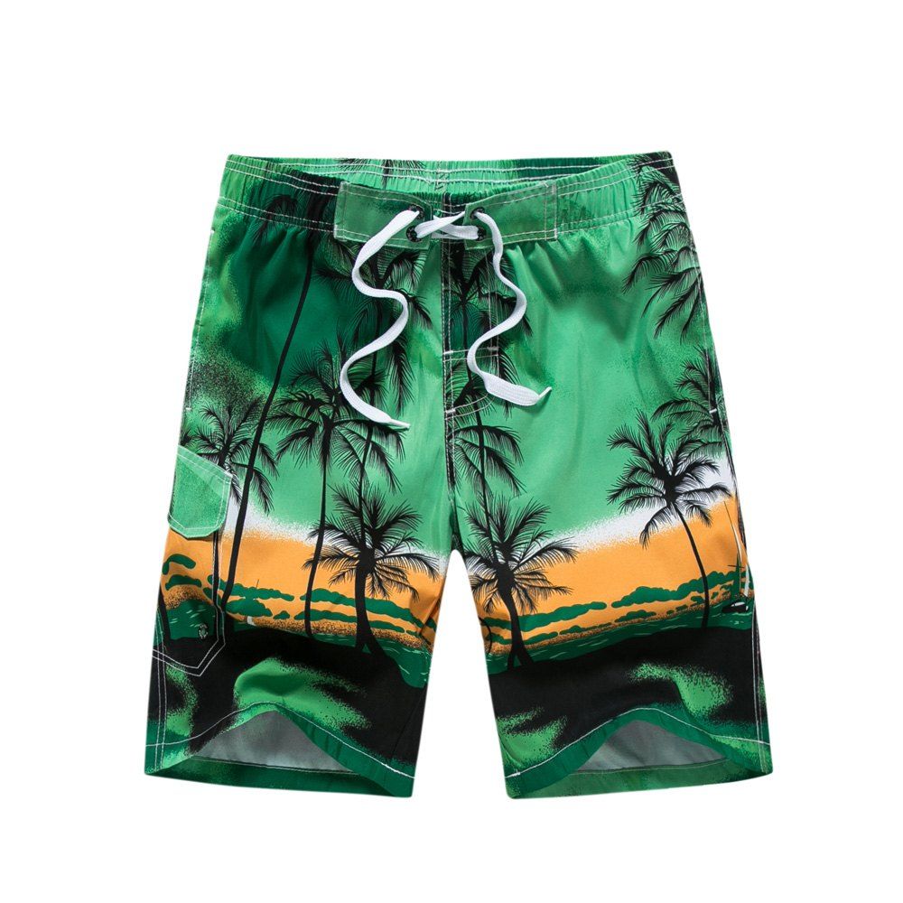 

Summer Shorts Men Beach Hawaii Coconut Trees Printing Mens Board Shorts, Green