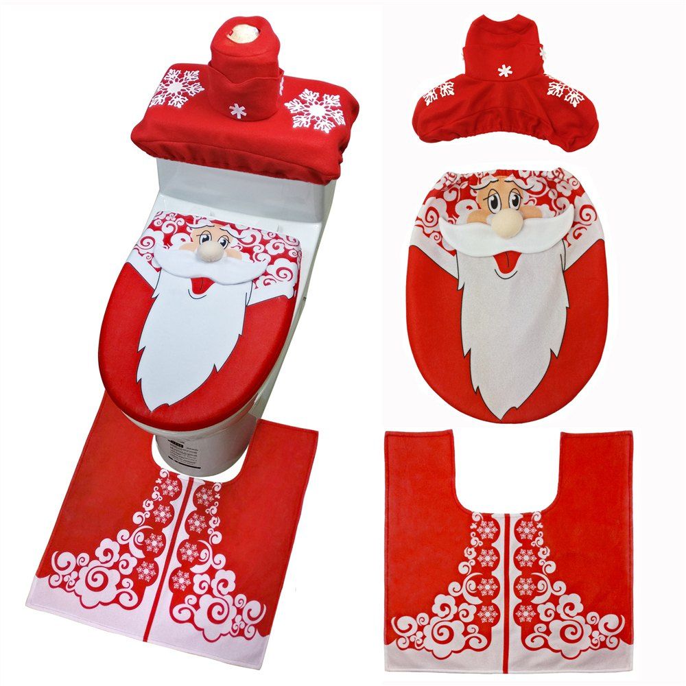 

Christmas Snowman Toilet Seat Cover Happy Santa Closestool Decorations Rug Set, Multi-a