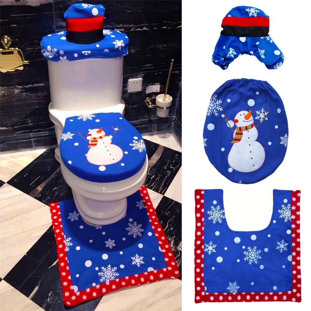 

Christmas Snowman Toilet Seat Cover Happy Santa Closestool Decorations Rug Set, Multi-c