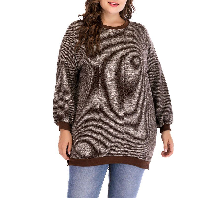 

Round Collar Long Sleeve Knitted Sweater, Deep coffee