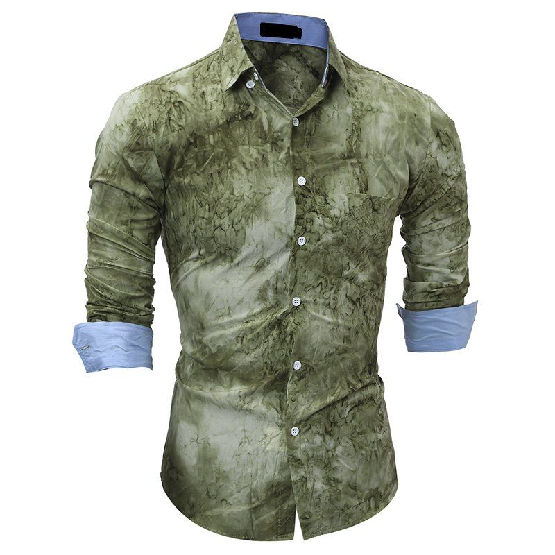 

Men's Casual Slim Long-Sleeved Tie Dyed Printed Shirt, Jungle green