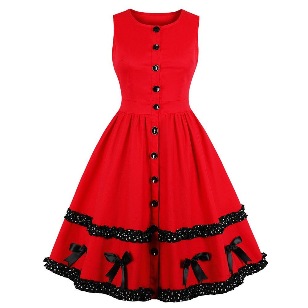 

Round Collar Sleeveless Buttons Wave Point Bowknot Dress, Red