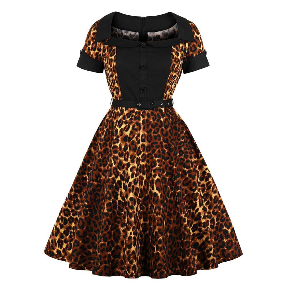 

Collar with Short Sleeves Buttons Leopard Grain with A Belt Dress, Black