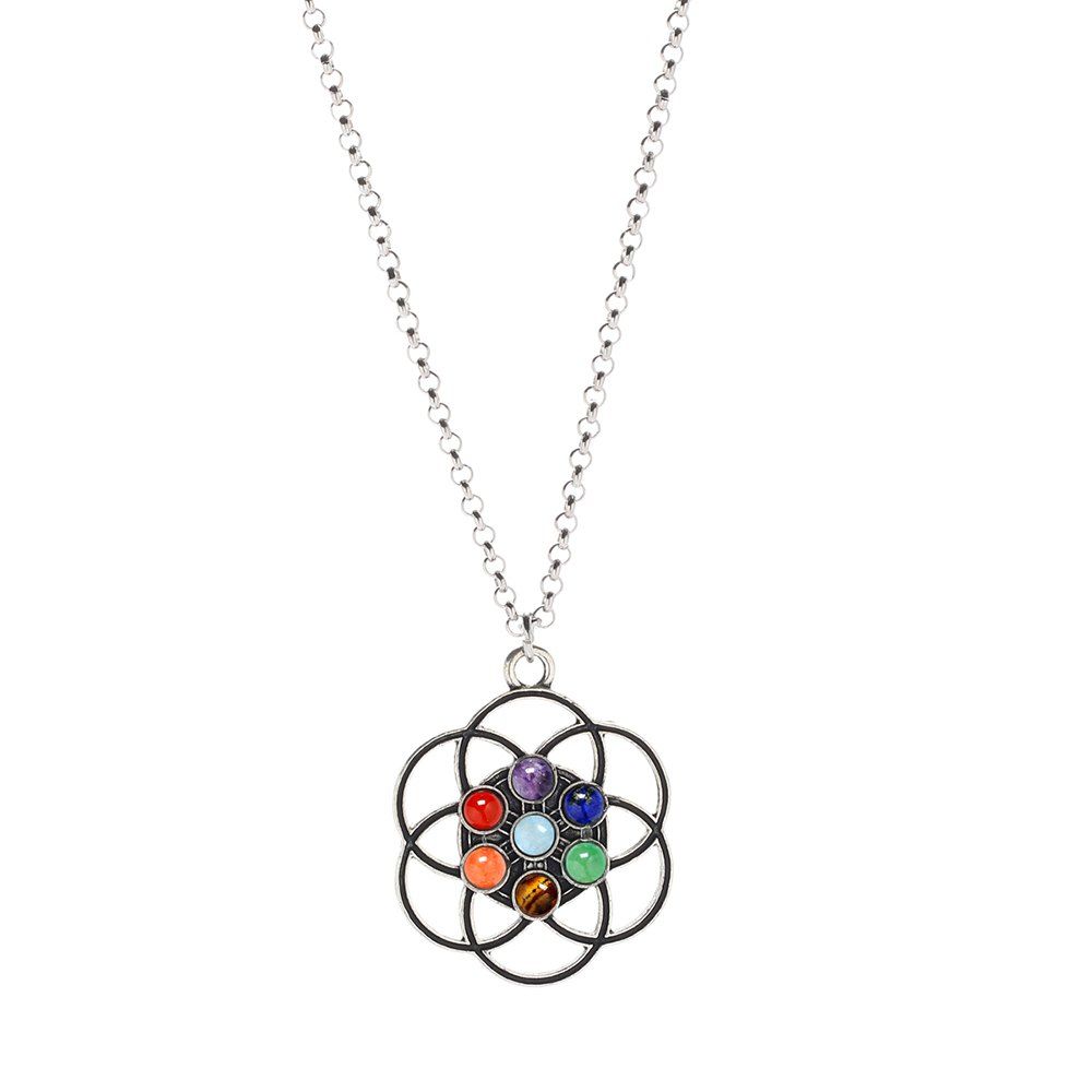 

New Seven Chakra Natural Stone Yoga Ring Pendant Necklace, Silver