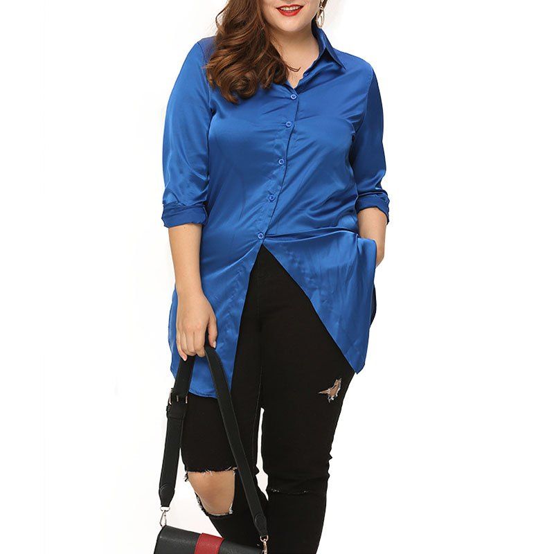 

Lapel Embroidery Long Sleeve Loose Shirt, Cobalt blue