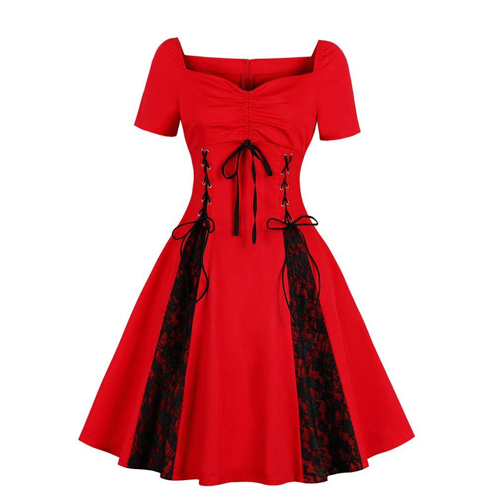 

V-Neck with Short Sleeves Draw String Lace-Up Bud Silk Joining Together Dress, Red