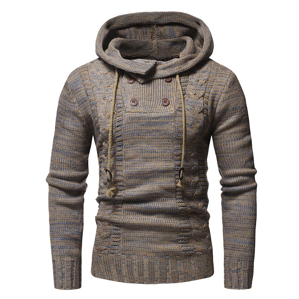 

Men's Fashion Color Twist Double-Breasted Hooded Slim Knit, Coffee;gray
