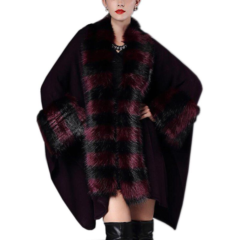 

Women's Fashion Loose Stripes Faux Fur Shawl Coat, Plum velvet