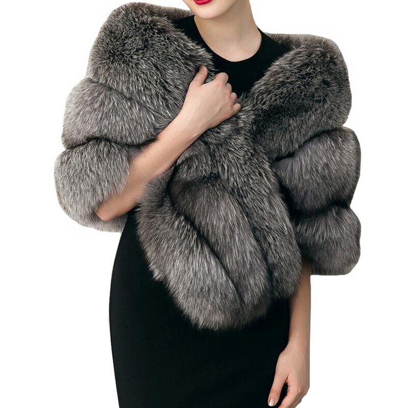 

Women's Fashion Stitching PU Faux Fox Fur Shawl Coat, Gray