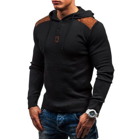 

Men's solid color hooded pullover sweater double shoulder suede stitching, Black