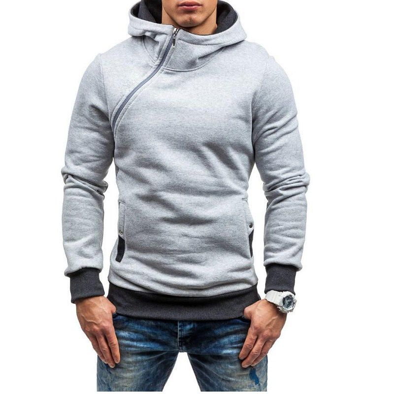 

Men Fashion Diagonal Zipper Casual Hooded Long Sleeve Turtleneck Sweater, Light gray