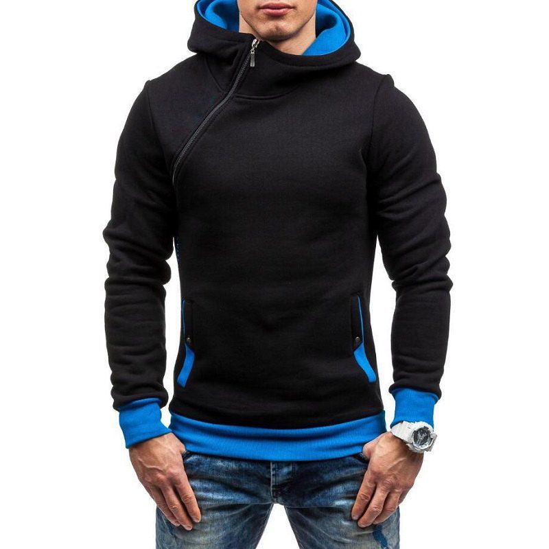 

Men Fashion Diagonal Zipper Casual Hooded Long Sleeve Turtleneck Sweater, Blue