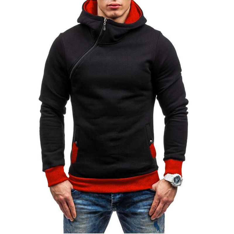 

Men Fashion Diagonal Zipper Casual Hooded Long Sleeve Turtleneck Sweater, Red