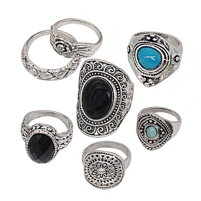 

7 Pcs Ring Set Style Carved Imitation Stone, Silver