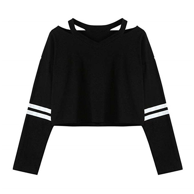 

Women Teen Girls Tops Hoodie Sweatshirt Striped Crop Tops Long Sleeve V Neck Cau, Black