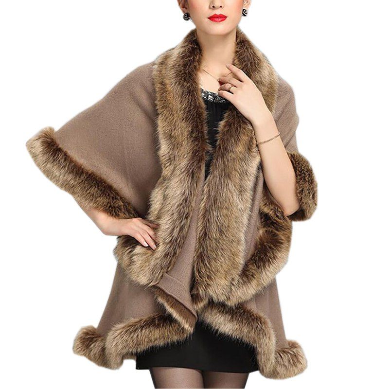 [38% OFF] Women's Fashion Fur Collar Faux Fox Fur Shawl Coat | Rosegal