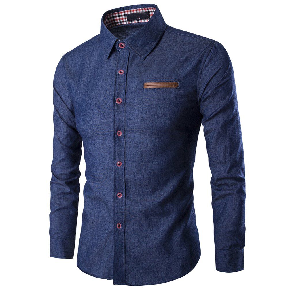 

Men's Casual Slim Collar Washed Long-Sleeved T-Shirt, Deep blue