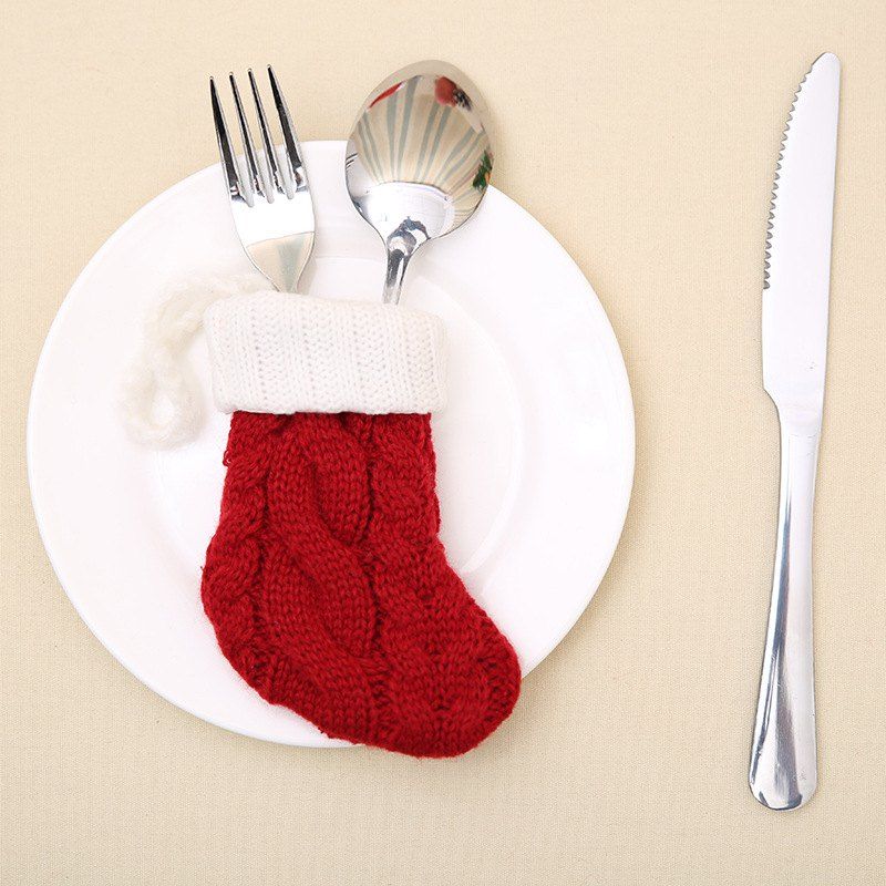 

YEDUO Red Knitted Socks Christmas Cutlery Holder Knife Fork Cover Bags