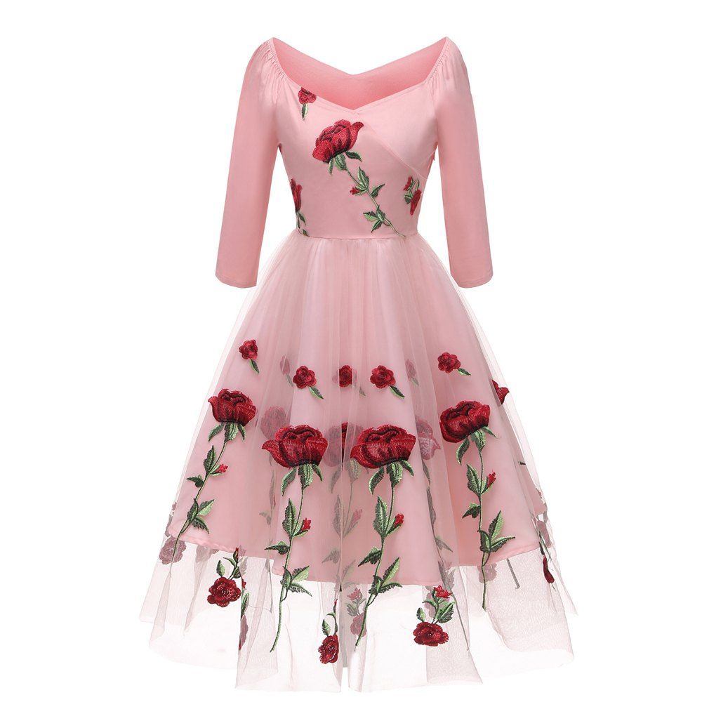 

Embroidered Rose Lace Gauze Seven Point Sleeve Dress, Pink