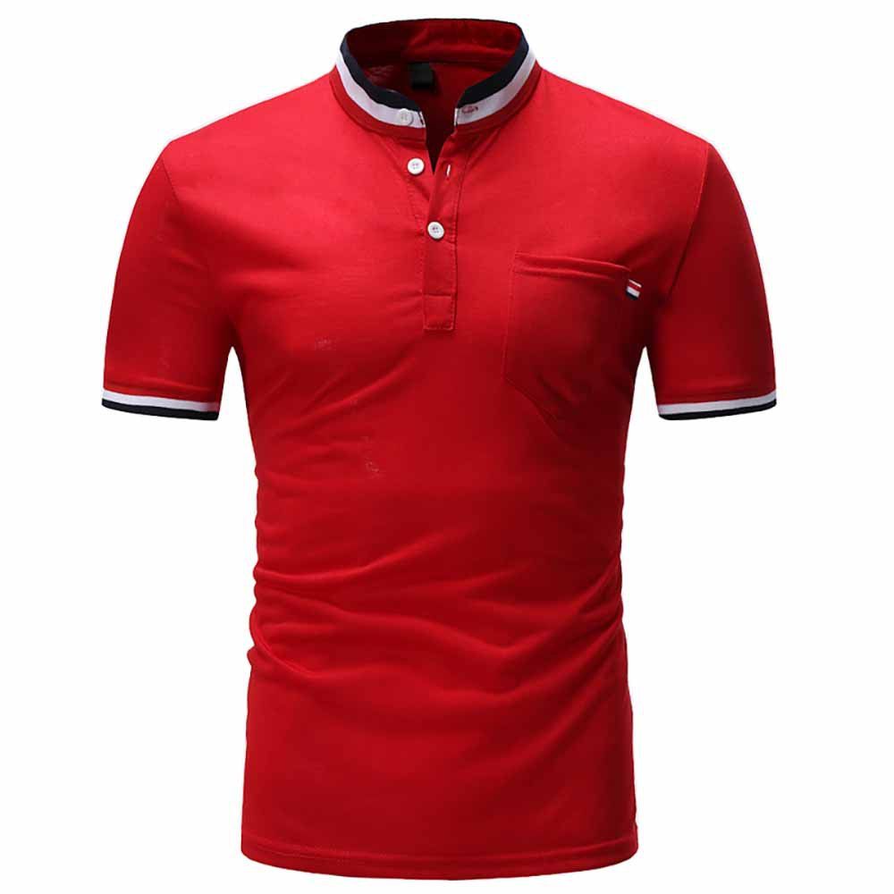 

Men's Fashion Color Strip Design Casual Slim Short-Sleeved Stand Collar T-Shirt, Red