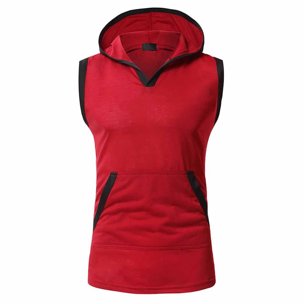 

Men's Fashion Edging Design Casual Slim Solid Color Sleeveless Hooded T-Shirt, Red
