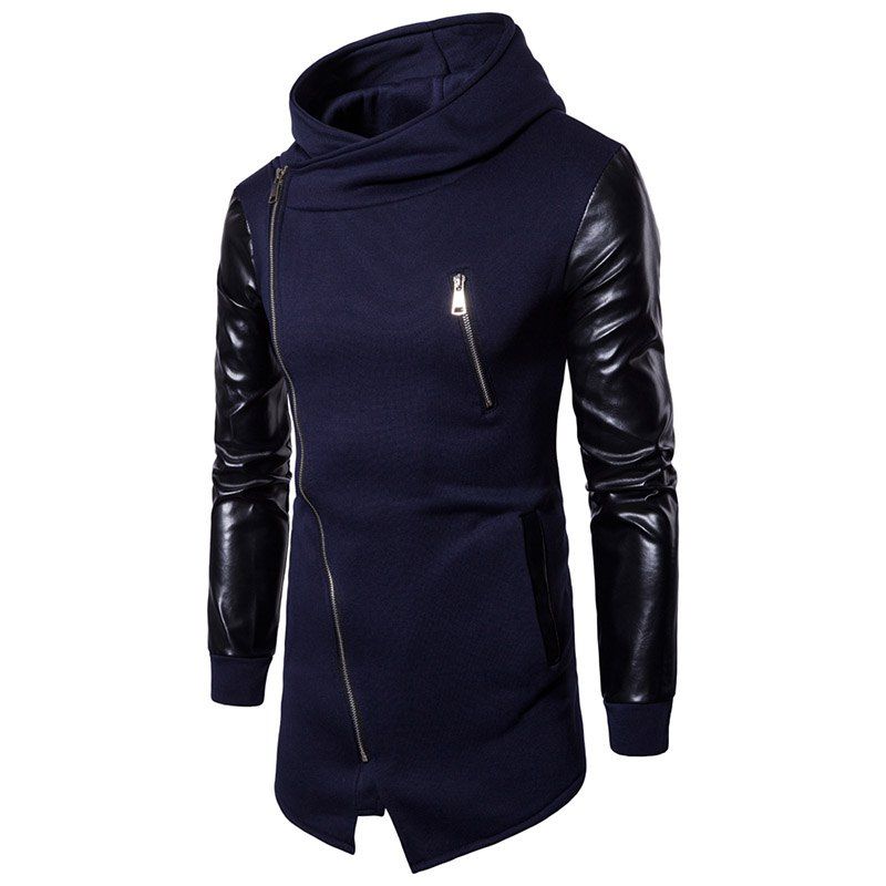 

New Men Fashion Patchwork with Cap and Zipper Casual Sweatshirt Causal Hoodies, Navy blue